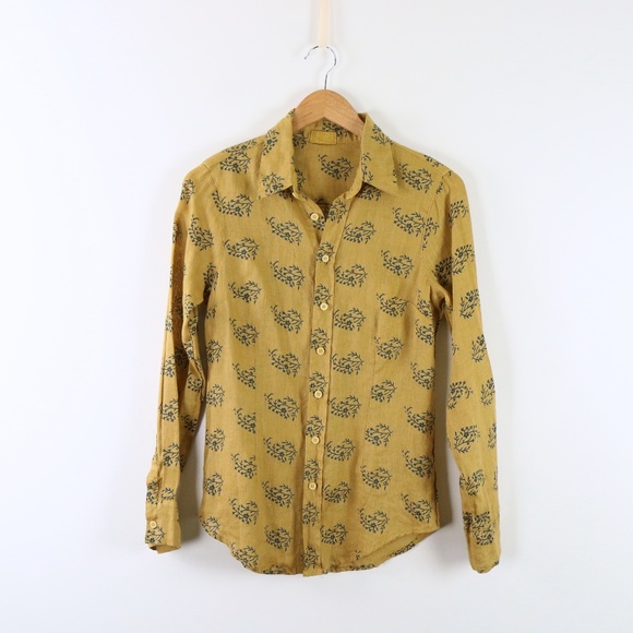 CP Shades Tops - CP Shades Floral Print Linen Dijon Tan Fitted Shirt Top